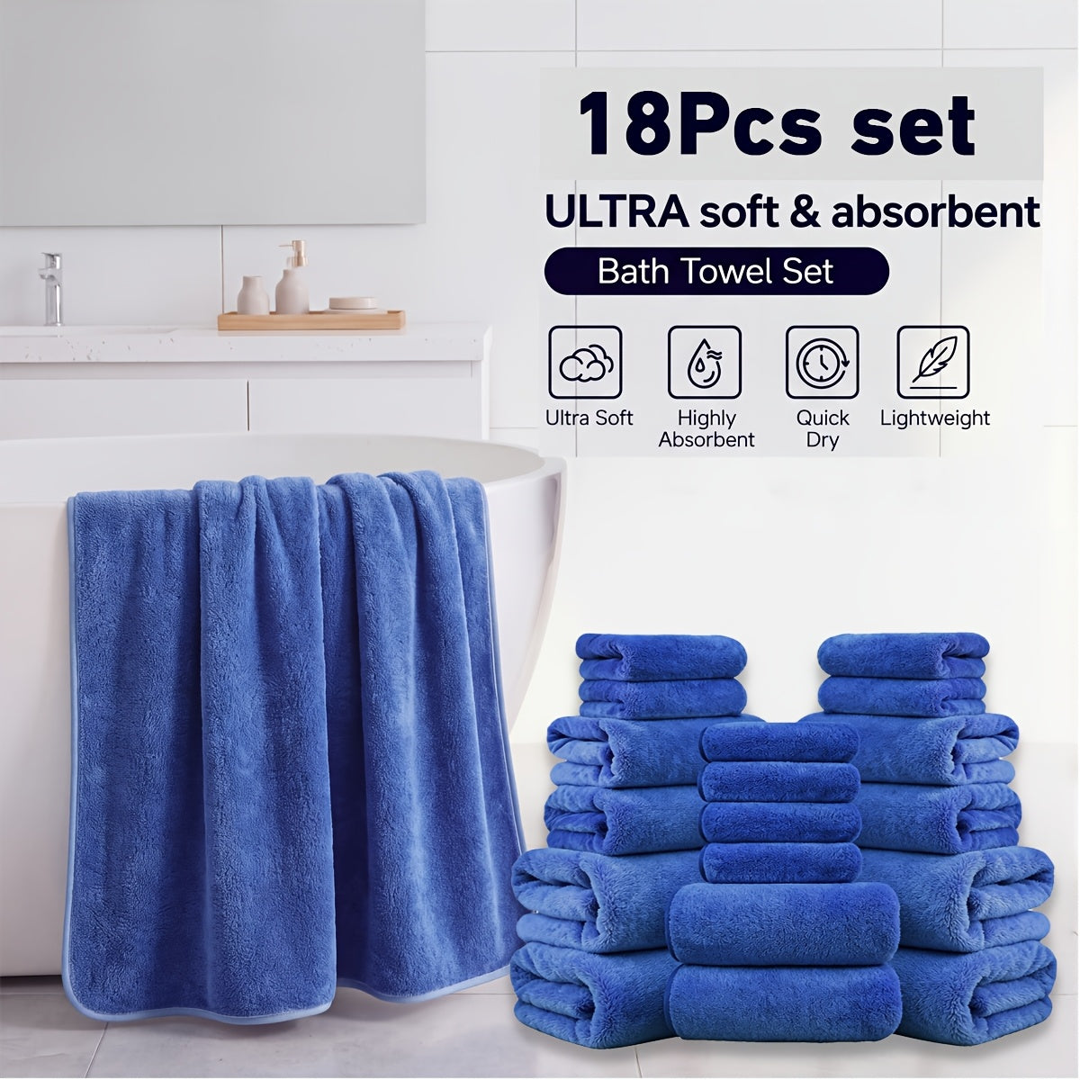 18pcs Coral Velvet Towel Bath Towel Set, 4 Bath Towels, 4 Towels, 10 Square Towels, Suitable for Hotel, Home, Travel, Spa