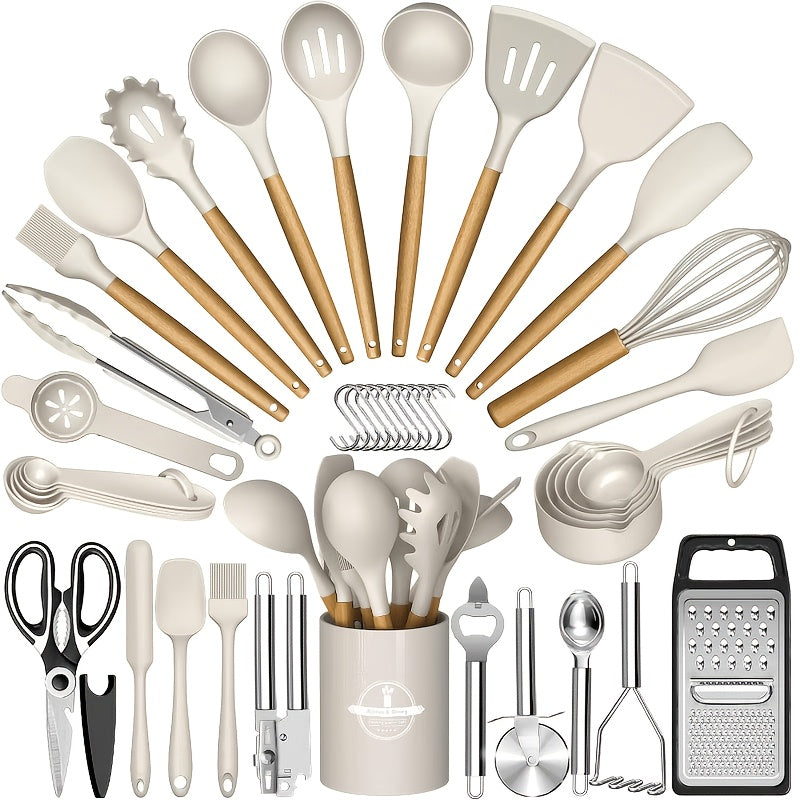 37/44pcs Complete Silicone Kitchen Cooking Utensil Set, Ultra Cost-Effective All-In-One Kitchen Gadgets, High Heat Resistant Non-Stick Cookware Tools, Dishwasher Safe, Ideal for Cooking Beginners And Kitchen Enthusiasts, Perfect Holiday Gift