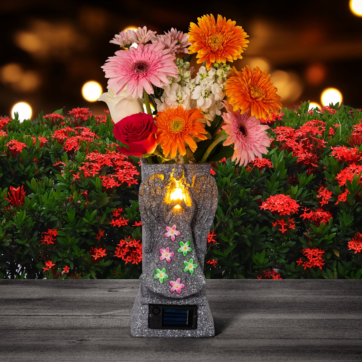 Solar Cemetery Grave Vase with LED for Fresh/Artificial Flowers Headstones Vases with Spikes Gravestone Decor Memorial Gifts for Loss of Loved One