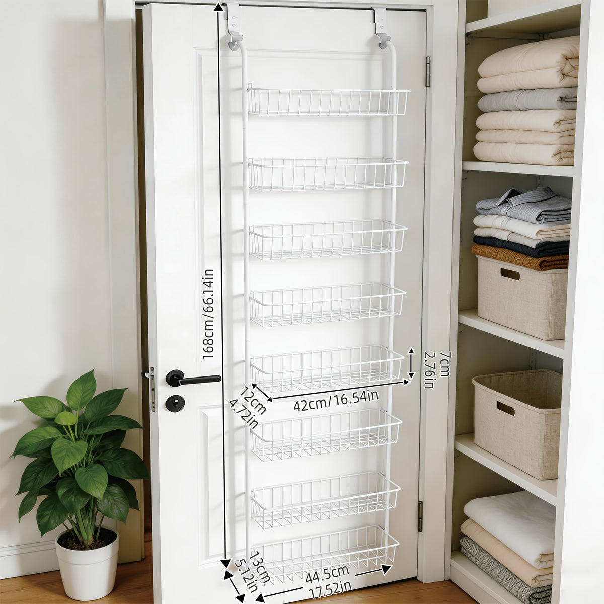 8-Tier & 6-Tier, Over The Door Pantry Organizer, Metal Hanging Storage Shelf, Adjustable Baskets, Spice Rack, For Kitchen, Pantry, Laundry, Bathroom, Multifunctional, Black & White, Door-Mounted Organizer, Utility Racks