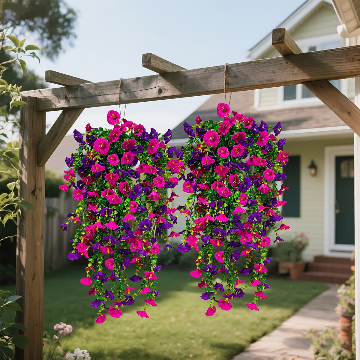 3 Morning Glory Hanging Flowers +1 Persian Grass, Mixed with Textile Morning Light And Eucalyptus Leaves, UV-resistant, True Artificial Plants, Suitable for Outdoor Home, Office And Garden Decoration On Mother's Day, Especially for Thanksgiving