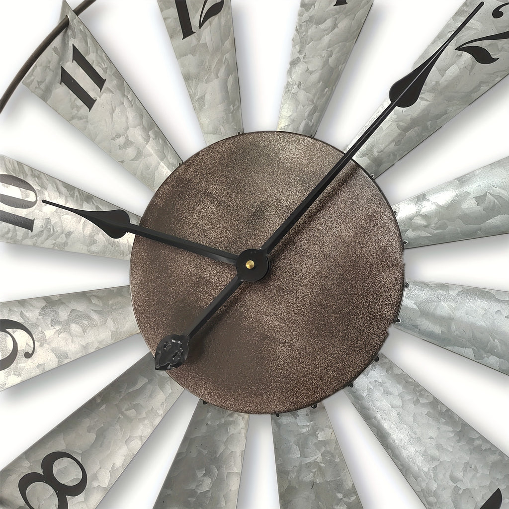 Windmill Wall Clock, 24 Inch Galvanized Metal Farmhouse Analog Clock with 3D Blade Design and Battery Operation for Living Room, Kitchen and Dining Room