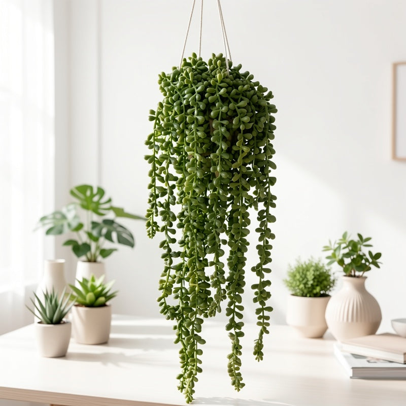 Artificial String of Pearls Hanging Plant, Green Faux Succulent Cascading Plastic Vines for Wall, Shelf, Home and Wedding Decor