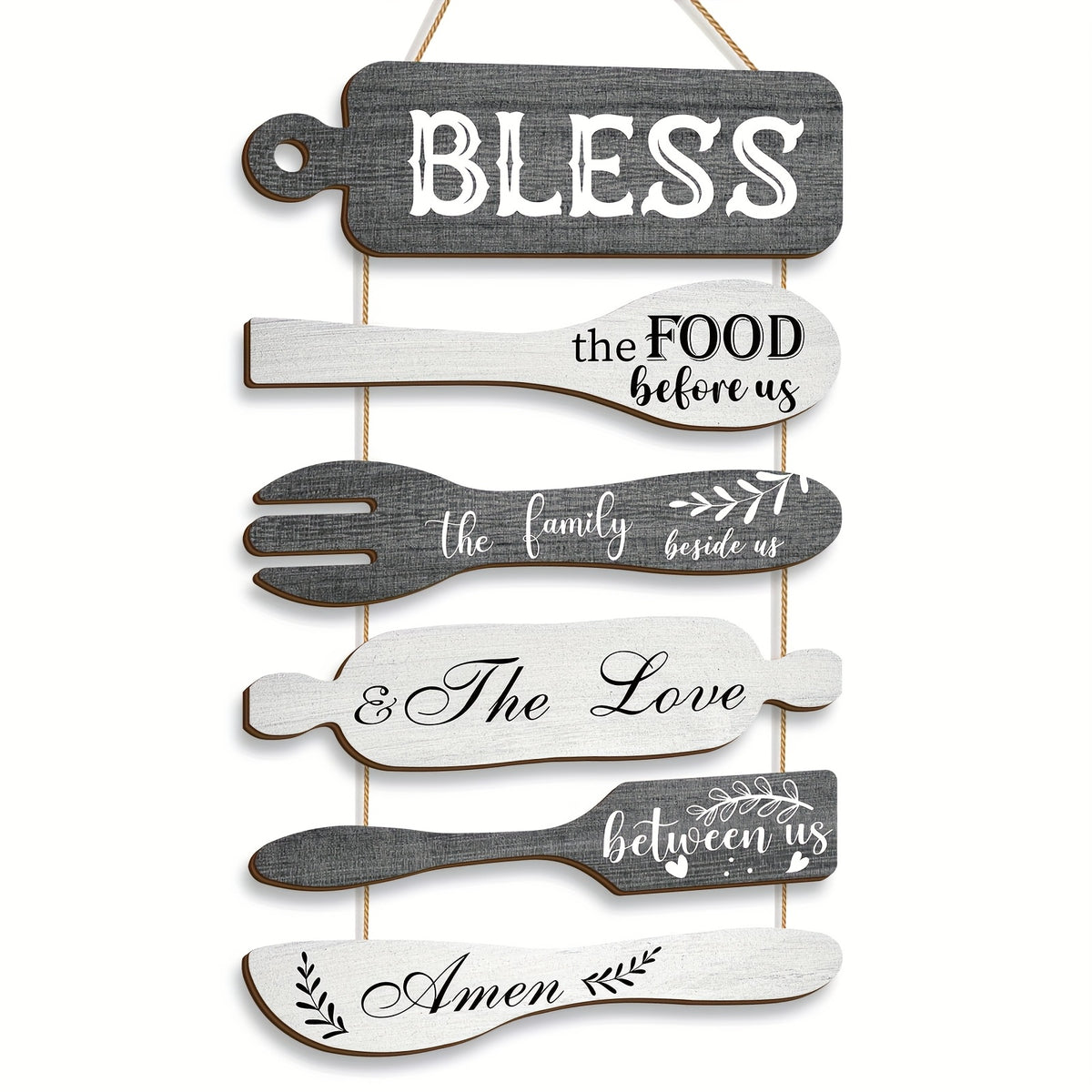6 Pieces Bless The Food Before Us Farmhouse Kitchen Wall Decor Wood Board Set - Dining Room Decor Hanging Wall Art, Simple Rustic Style - Wood Rope Plaque Sign