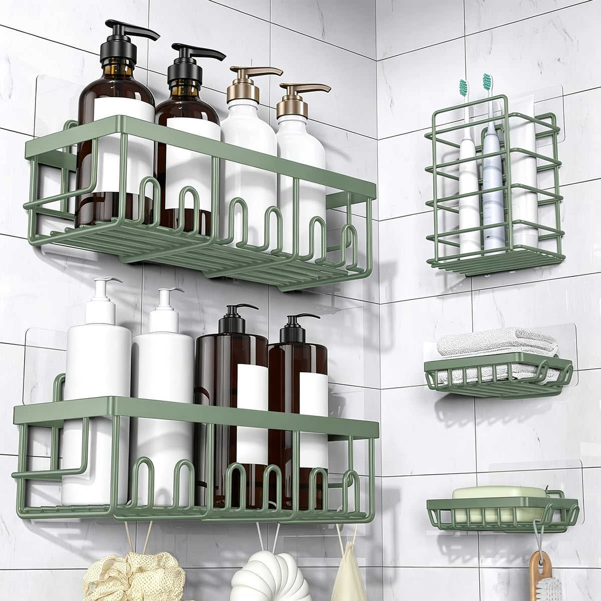 Shower Caddy Organizer, 5-Pack Adhesive Rustproof Stainless Steel Shower Shelves with Soap Holder, No Drilling Shower Storage Rack for Family Renters Bathroom, Random Colors to Choose, Shower Caddies