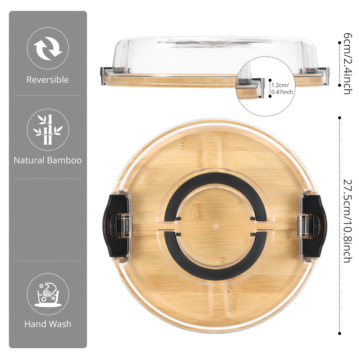 Cutting Board Charcuterie Tray with Clear Lid, 5-Compartment Bamboo Serving Board with Handle And Side Locks, Reusable Snack Platter for Cheese, Fruit, Crackers, Appetizers, Party, Picnic, Kitchen, Holiday Gathering