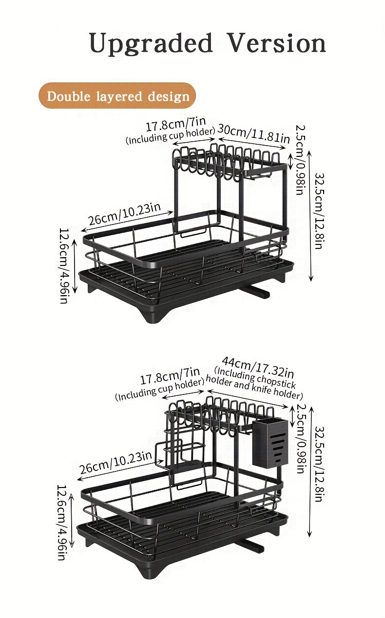 2-Tier Metal Dish Drying Rack, Suitable for Types of Countertops. Space-saving and Durable, Comes with Cutlery Holder, Cup Holder, and Rust-proof Drip Tray. Helps Your Kitchen Neat and Organized.