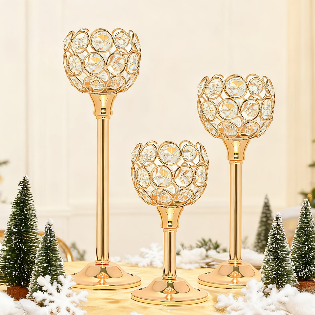 3pcs Set Crystal & Metal Candle Holders - Windproof, Perfect for Christmas, Halloween Table Decor, Romantic Dinners, Wedding Anniversaries, Home & Hotel Ambiance, Birthday Gifts - Ideal for Centerpieces, Parties (Candles Not Included)