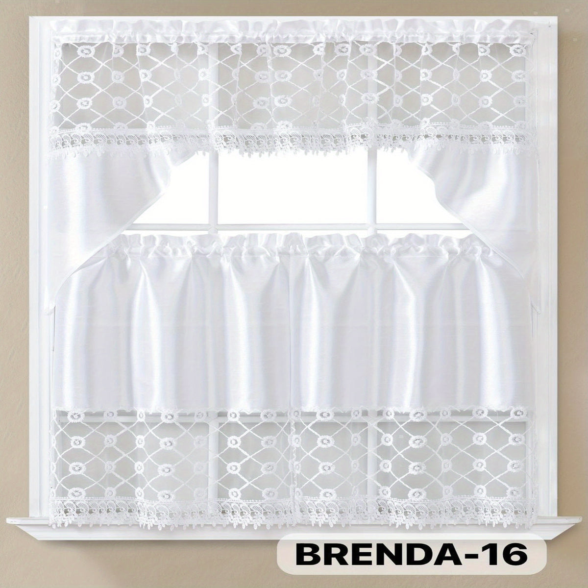3pcs Bamboo Embroidered Kitchen Curtain Set, Floral Embroidery, Lightweight and Soft, Easy Care, Machine Washable, Satin Fabric, Embroidered