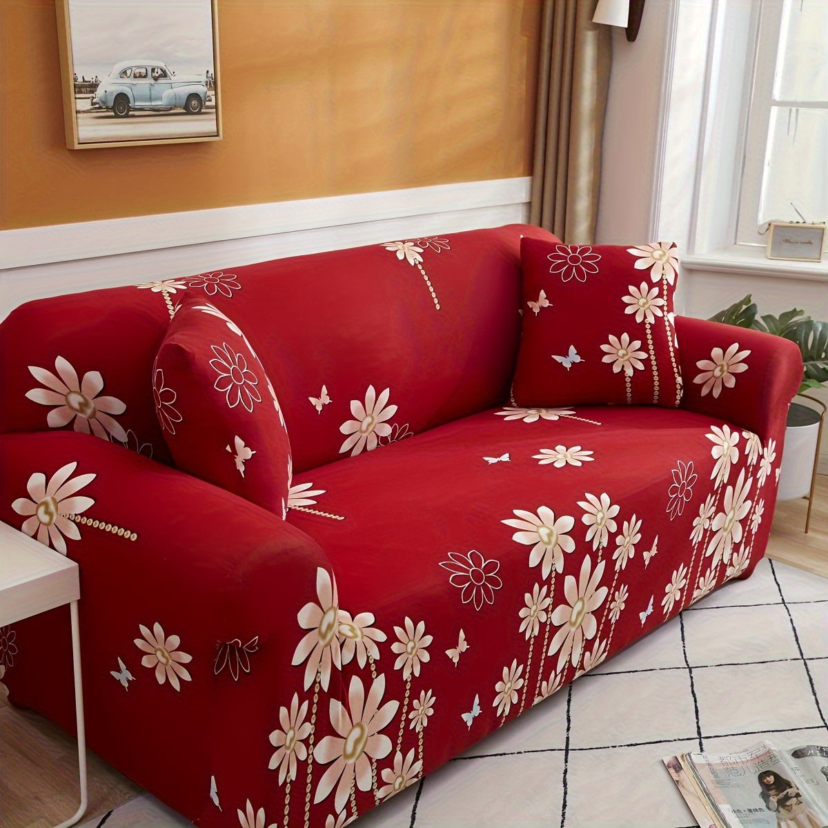 Modern Stretch Full-Size Sofa Cover - High-Stretch Polyester Blend, Non-Slip & Machine Washable, Digital Print Telescopic Fit for 1-4 Seater Sofas, Home & Office Dual-Use, Contemporary Style, Furniture Protector, Floral Pattern, Snug Elastic, Furniture Sl