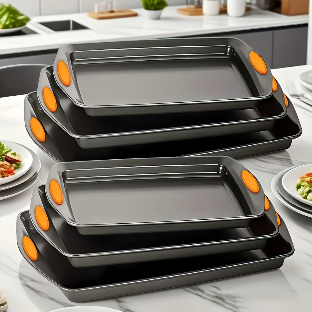 2/3/6/12/23pcs Non-Stick Baking Sheet Set, Assorted Size Cookie Trays with Orange & Blue Silicone Handles, in Gray, Black & Golden, Stackable Bakeware for Baking & Roasting