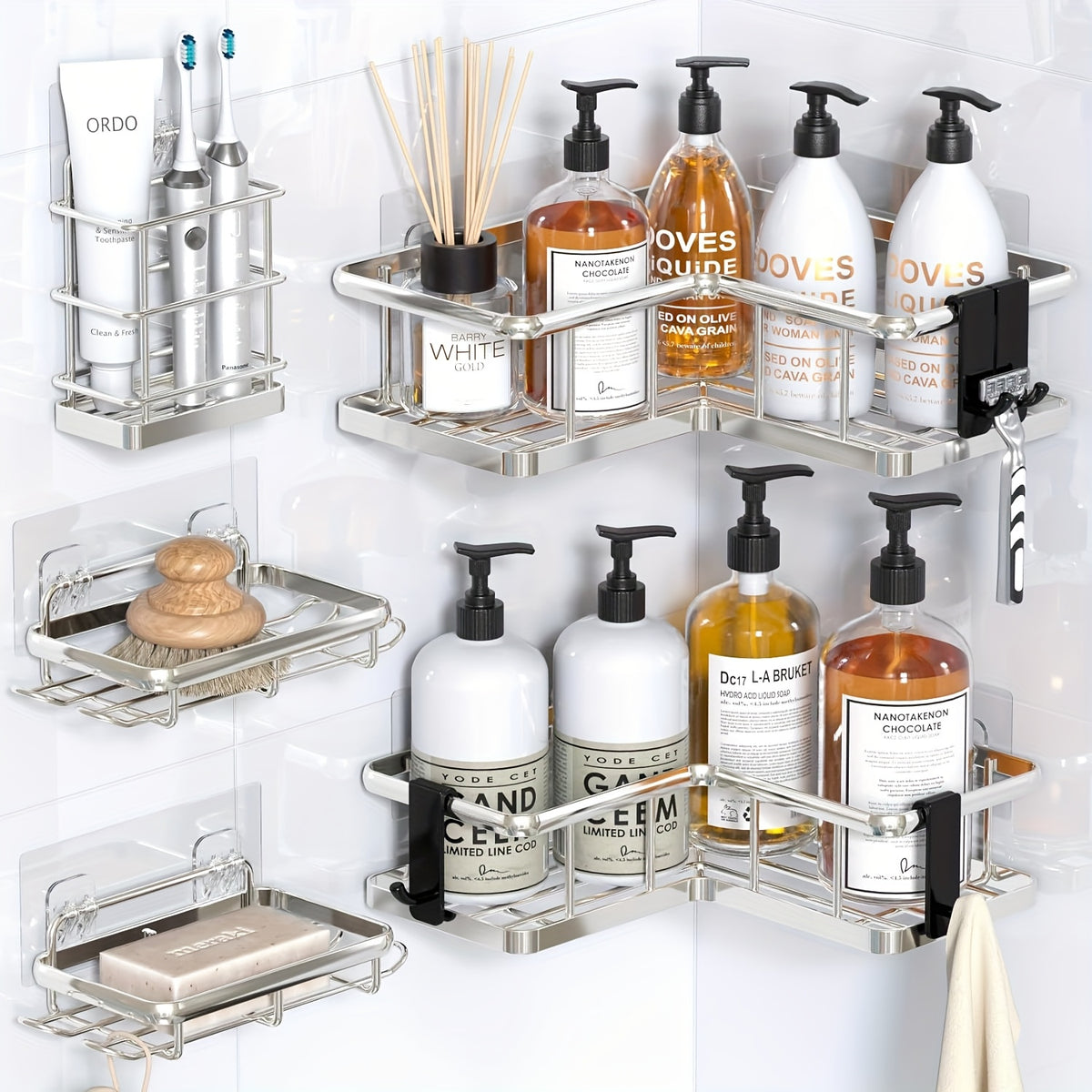 Corner Shower Caddy, 5-Pack Shower Organizer Corner With Soap Holder And 4 Removable Hooks, Rustproof Corner Shower Shelves, No Drilling Shower Shelf For Inside Shower, Random Color Properties To Choose, Shower Caddies