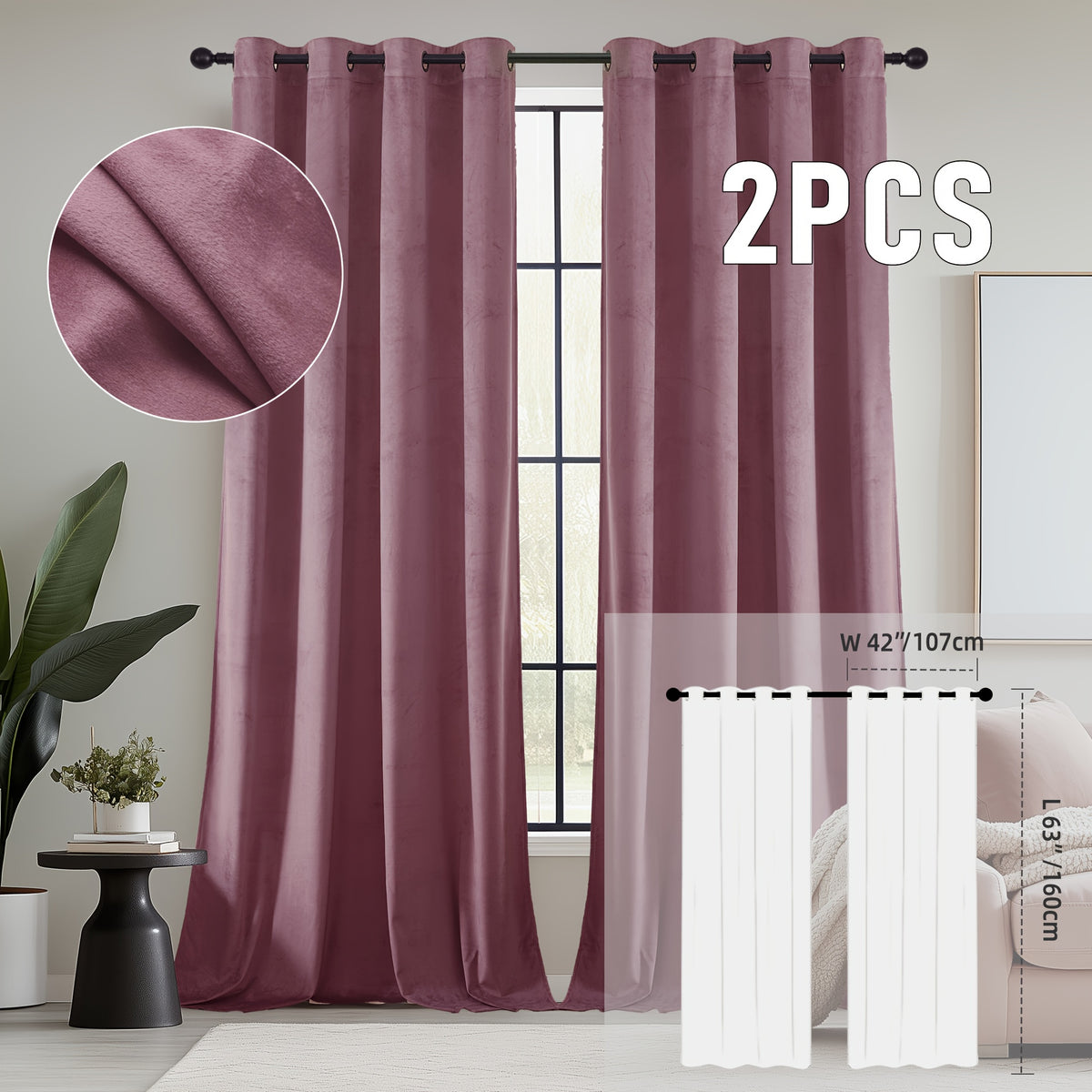 2pcs Velvet Room Darkening Curtains | Vintage Soundproof and Thermal Insulated, Elegant Soft Velvet Grommet Top Curtains for Living Room and Bedroom, Unlined, Solid Color, Fashionable Valentine'S Day Décor