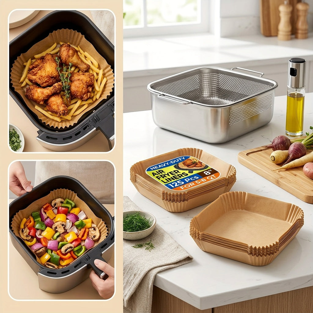125/250 Count Air Fryer Paper Liners, Disposable Microwave Air Fryer Liners, Non-Stick Air Fryer Liners, Square Bleach-Free (8 Inches), Suitable for 5-8QT Air Fryers, Baking Microwave, Air Fryer Accessories