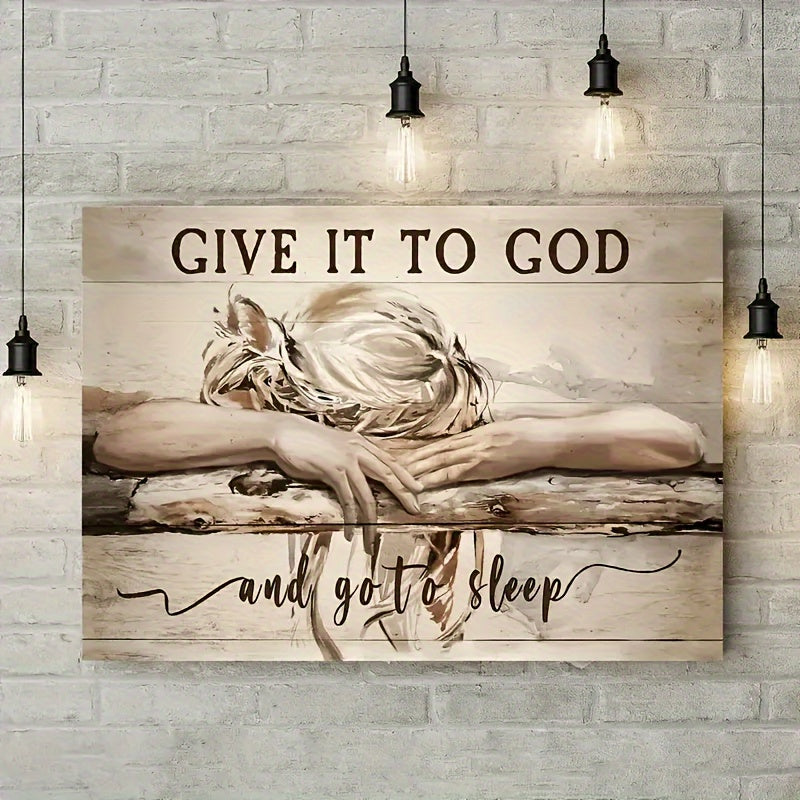 1pc Framed Painting Sleeping Girl Give It To God And Go To Sleep Canvas Posters And Prints Wall Art Pictures With Frame For Living Room & Bedroom, Home Decoration, Festival Gift For Her/Him, Ready To Hang  for Halloween&Christmas