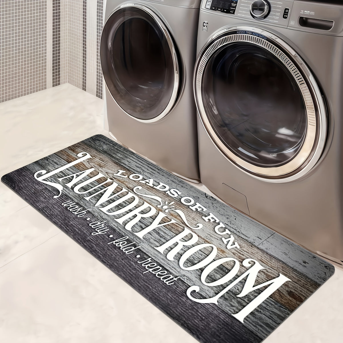 Non-Slip Laundry Room Mat- Heavy Duty Washable Rubber Backing Carpet, Dark Brown/Gray Wood Grain Design, Suitable for Laundry Room, Kitchen, Bathroom- Easy to Clean Home Carpet, Rustic Style, Durable Structure, Practical Home Item