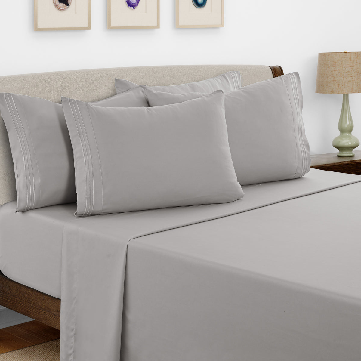 Lux Decor 6 Pieces Solid Bed Sheets Set - Modern Soft Comfortable Bedding Set, Hotel Luxury Skin Friendly Cooling Sheets & Embroidered Pillowcases Without Filler - All Seasons Bed Sheet with 16 Inches deep Pocket, Breathable Skin Friendly & Cooling Sheets