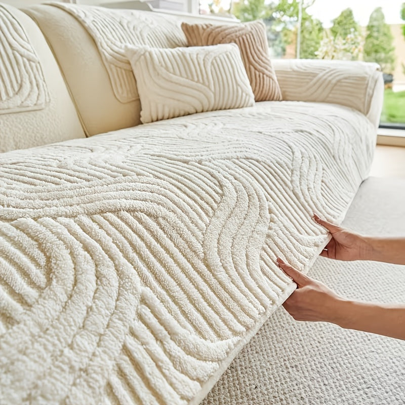 1pc Pet Friendly Sofa Cover, Dog Friendly Non Slip Furniture Protector, Fox Tail Patterned & Solid Color Shu Velveteen Plush Sofa Cushion, All Season Short Plush Sectional Sofa Cover for Living Room Bedroom Office