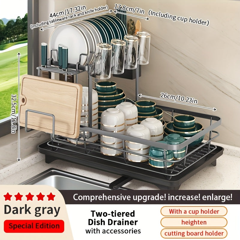 2-Tier Metal Dish Drying Rack, Suitable for Types of Countertops. Space-saving and Durable, Comes with Cutlery Holder, Cup Holder, and Rust-proof Drip Tray. Helps Your Kitchen Neat and Organized.