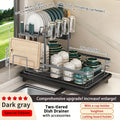 Metal Dish Drainer with Cup and Cutlery Holders, Two-Tier Countertop Drying Rack with Drip Tray in Black or Dark Gray for Kitchen Organization