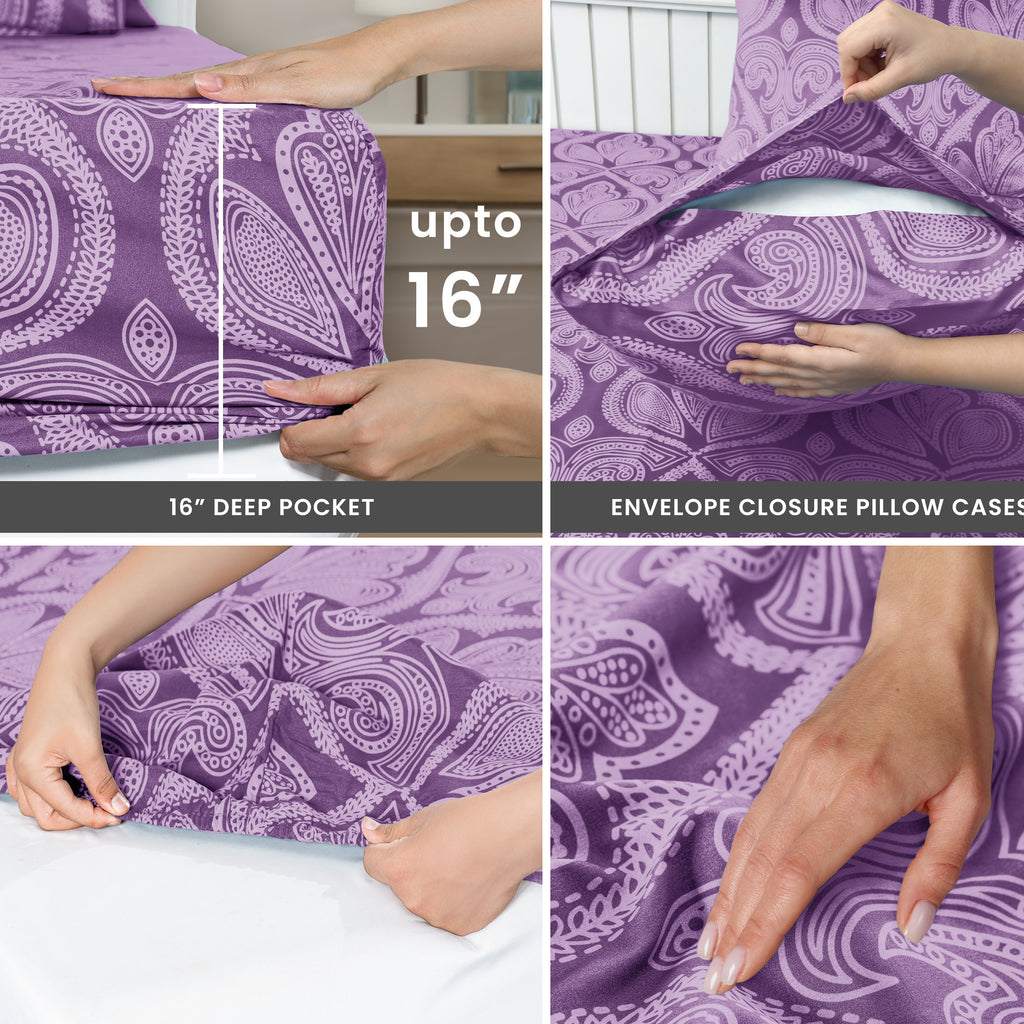 Paisley Bed Sheet Set, Soft Double Brushed Microfiber Bedding with 16-Inch Deep Pocket Fitted Sheet and Pillowcases in Six Sizes for Bedroom Comfort