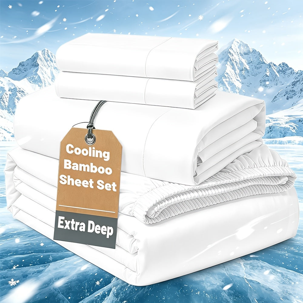 Cooling Bamboo Bedding Set with Flat Sheet, Deep Pocket Fitted Sheet and Pillowcases, Soft Breathable Sheets in 13 Colors for Twin Full Queen King