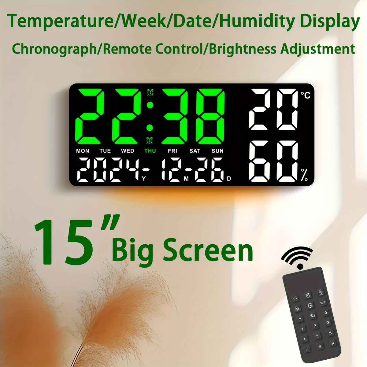 Large Screen LED Alarm Clock - Luminous Display of Week, Temperature, Humidity, and Timer - Ideal for Bedroom, Living Room, and Office with Sleek Modern Design.