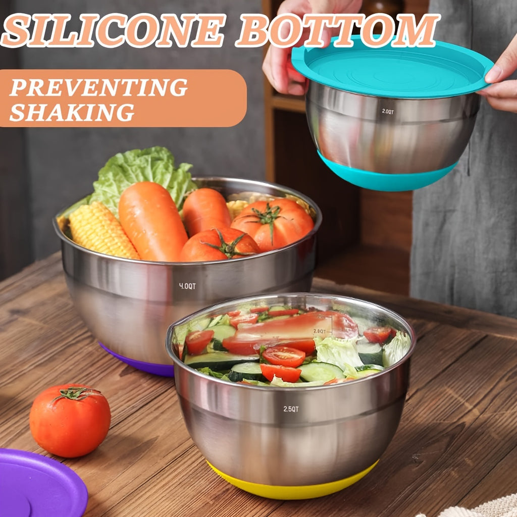 26pcs Mixing Bowls with Airtight Lids, Stainless Steel Bowls Set, 3 Grater Attachments & Black Non-Slip Bottoms Size 7, 4, 2.5, 2.0, 1.5, 1QT, Great for Mixing & Serving