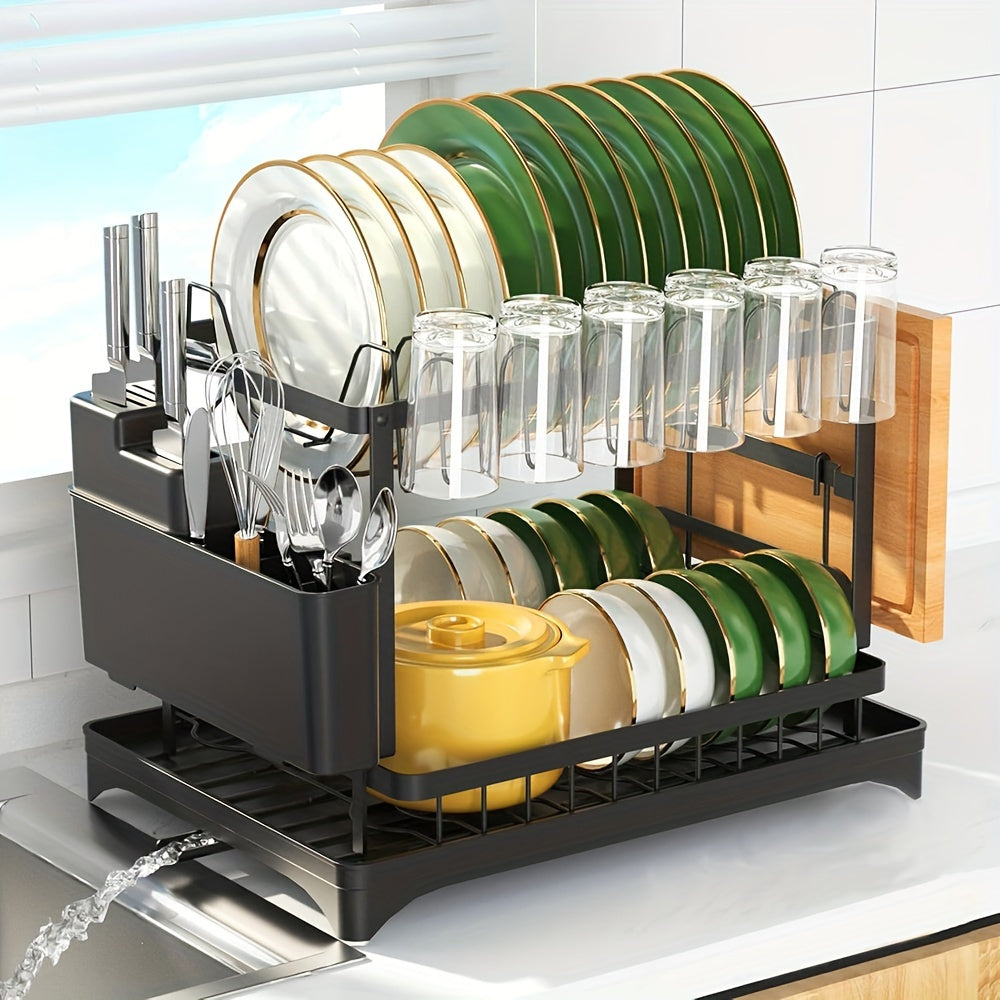 2 Tier Dish Drying Rack for Kitchen Counter, Dish Drainers for Kitchen Counter with Drainboard, Metal Kitchen Dish Rack with Drain, Kitchen Drying Rack Two Tier, Black Dish Racks