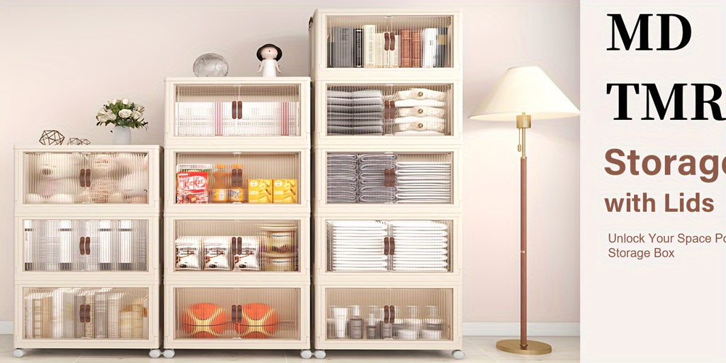 (19.29inch/29.53inch) White Foldable Storage Cabinet with Lid And Stackable Wheels - Clothes And Bedding. Space-Saving Wardrobe for Snacks And - Durable Organizer, Perfect for Bedrooms And Game Rooms, 2/3/4/5 Packs, Etc