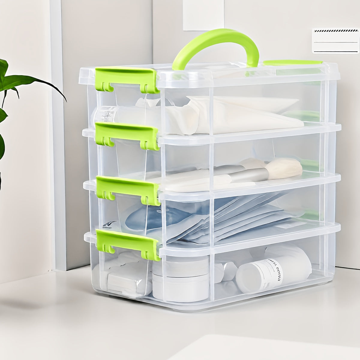 Stackable Large-Capacity Transparent Plastic Storage Box with Lid And Handle. Compartmentalized Drawer Design, Ideal for Hair Additions, Jewelry, And Stationery. Suitable for Home And Office Use, Easy for Neat Storage