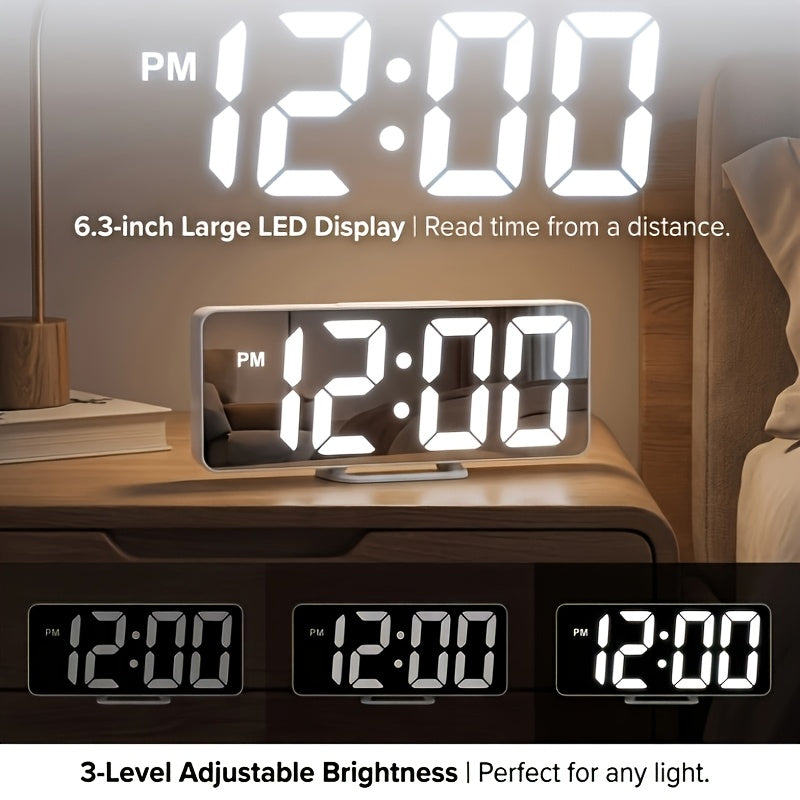Latest Fashion Digital Clock, LED Alarm Clock for Bedroom, with Mirror, Shows Temperature And Day of The Week, Large Display Electronic Desk Clock, Adjustable Brightness, 12/24 Hours, Small Bedroom Alarm Clock, Christmas Gift Decoration