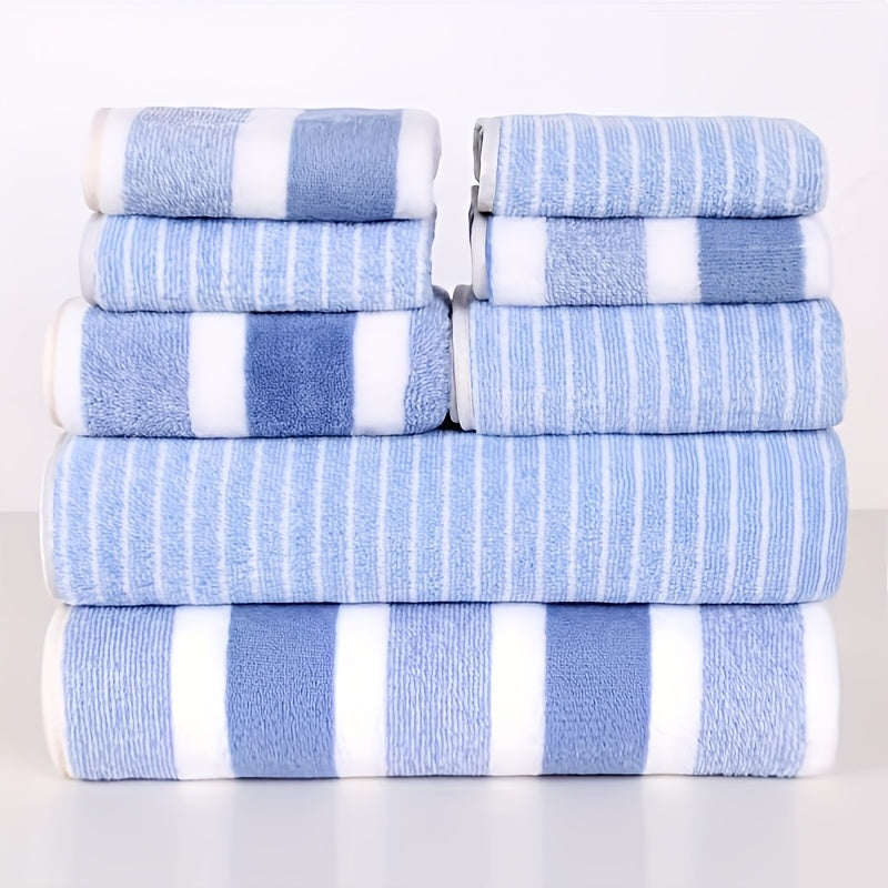 8pcs Lint-Free Super Absorbent Soft Five-Star Hotel Standard Two-Color Striped Spaced Bath Towel Set, Including 2 Large Bath Towels, 2 Medium Bath Towels And 4 Small Bath Towels, Wash Cloths