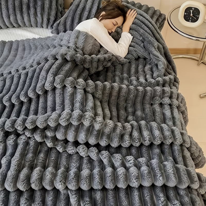 1pc Ultra-Soft 3-D Ribbed Faux Fur Flannel Blanket for Bed, Couch, Sofa, Nap Blanket Air Conditioning Blanket Office Outdoor Camping Blanket for All Seasons, Cozy Throw, High Quality Fleece, All Season Blanket, Gift Ideas for Friends&Family