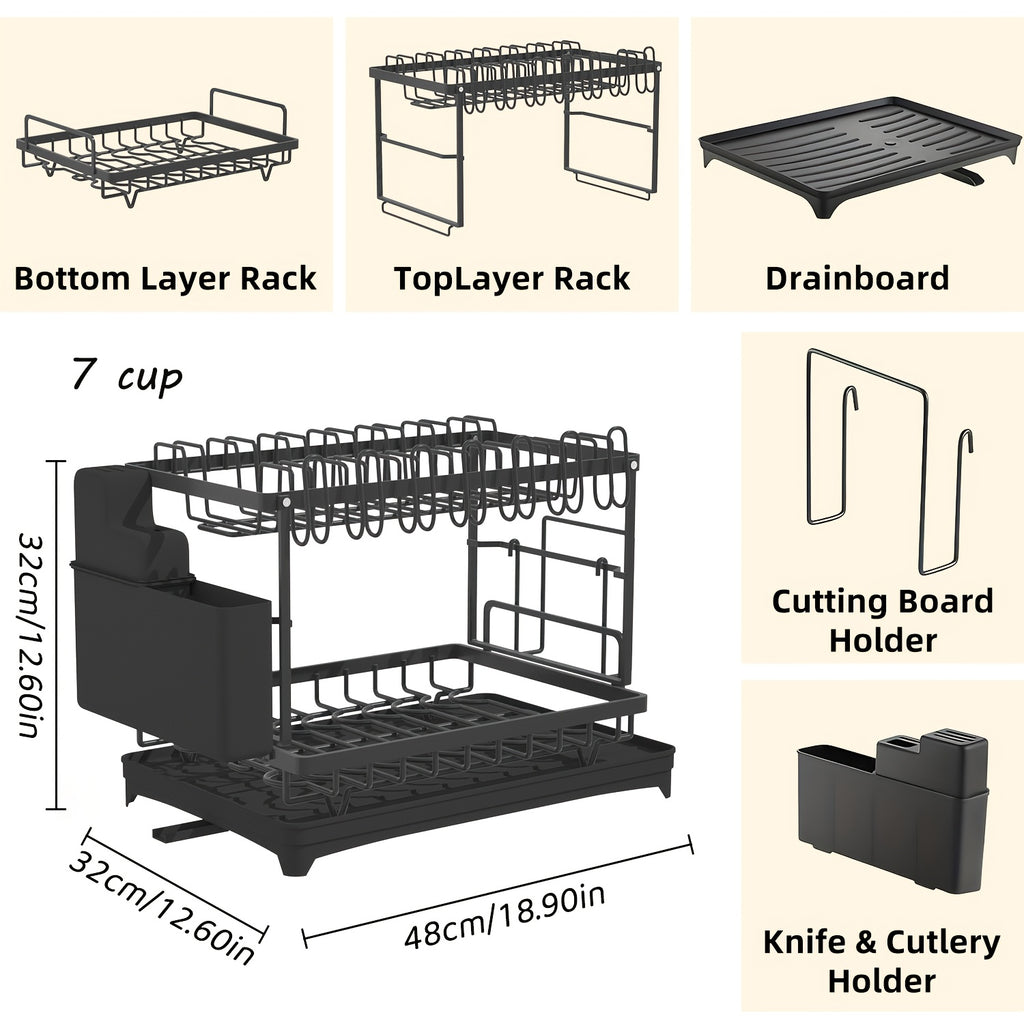 Two-Level Dish Drying Rack For Kitchen Surfaces, Kitchen Organizers And Storage, Dish Drainer With A Drainboard, Kitchen Accessories, Metal Kitchen Dish Holder With Drainage, Two-Tier Kitchen Drying Rack, Black Dish Holders