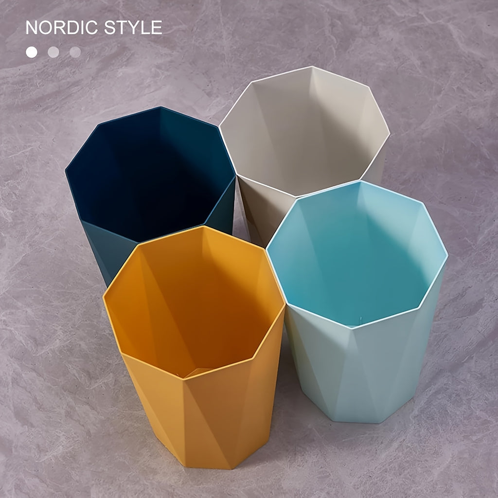 Octagonal Trash Bins 2 Pack, Small Open-Top Plastic Wastebaskets in Six Colors with Nordic Geometric Design for Bathroom, Bedroom, Kitchen and Home Office