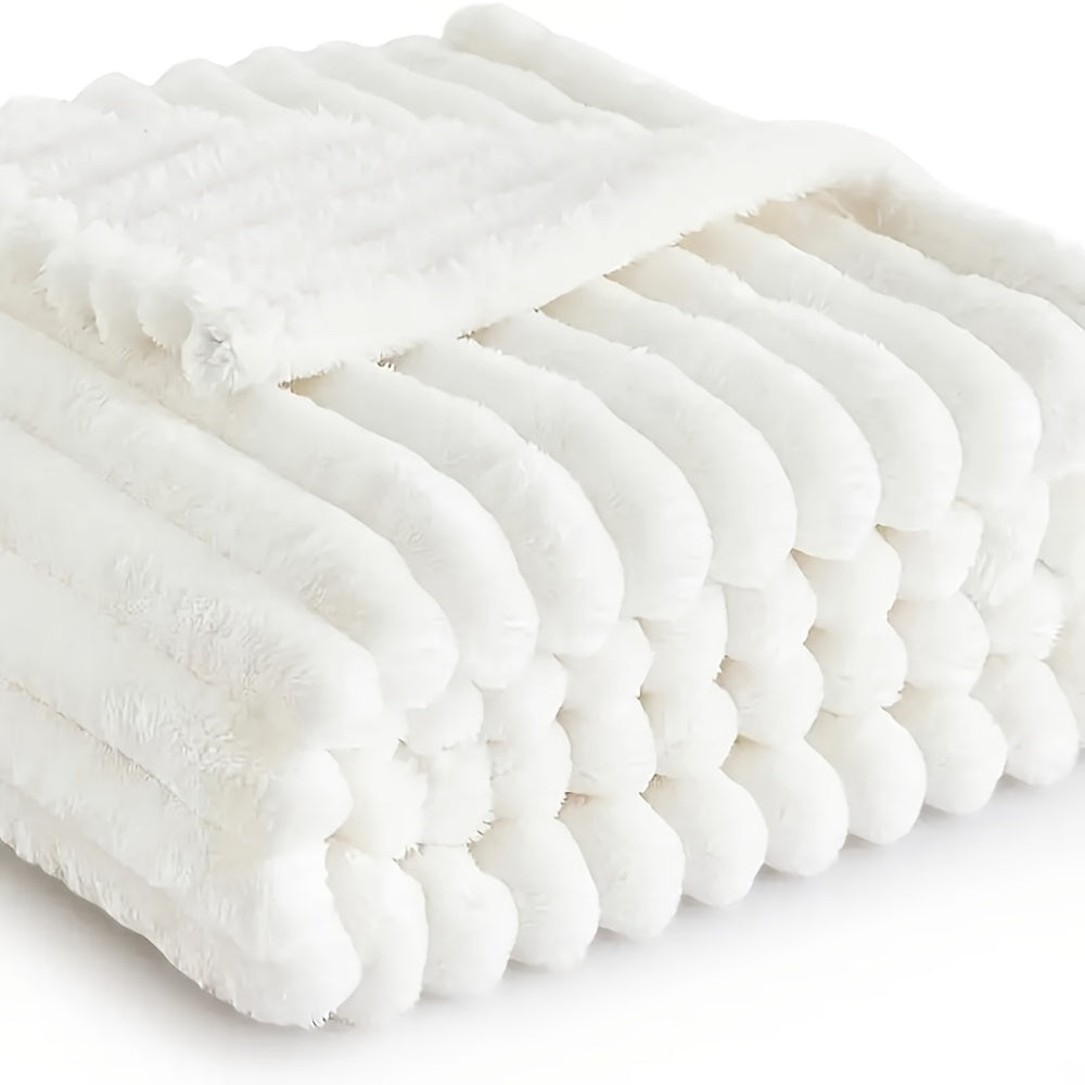 Luxurious Double-Sided Faux Rabbit Fur Throw Blanket - Cozy Striped Flannel, Soft And Warm for Naps, Office, Camping, Sofa - Versatile Polyester Bed Cover, Perfect Christmas Gift
