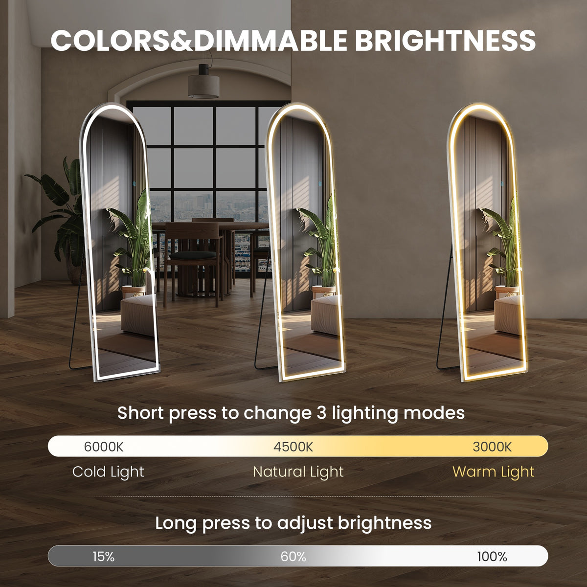 MCQ Arched/Rectangular LED Full Length Mirror, Full Body Floor Mirror Standing Hanging or Leaning Wall, Arch Wall Mirror with Stand Aluminum Alloy Thin Frame for Bedroom, Bathroom, Store