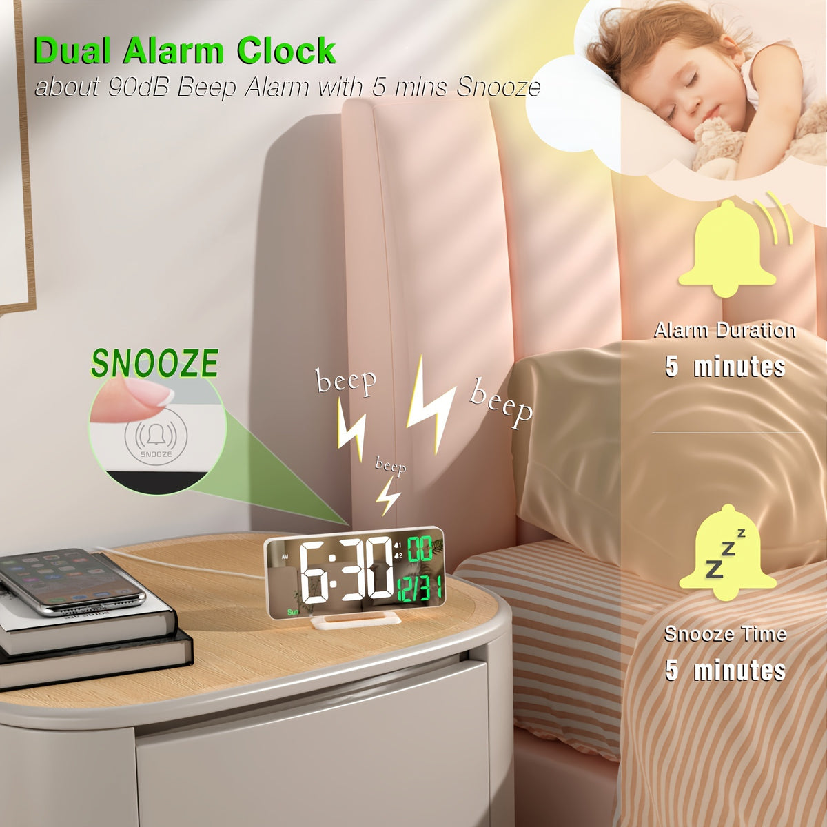 1pc Alarm Clock For Bedroom, 6. 7" Desk Digital Clock, Led Clock, Mirror Clock, Dual Alarm Clock For Living Room With Seconds, Date, Week, 12/24h, Dimming