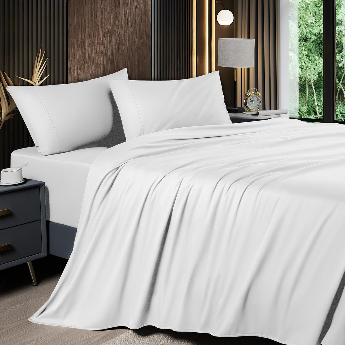 4pcs 2200TC Cooling Bamboo Bed Sheet Set Summer Chill Collection-16" Deep Pocket - Ultra Soft Luxury Bedding W/ Flat Sheet, Fitted Sheet & Pillowcases (Beat The Hea Stay Cool All Night) Queen Size Sheet Set Breathable Sheets Sets Queen Size Gifts