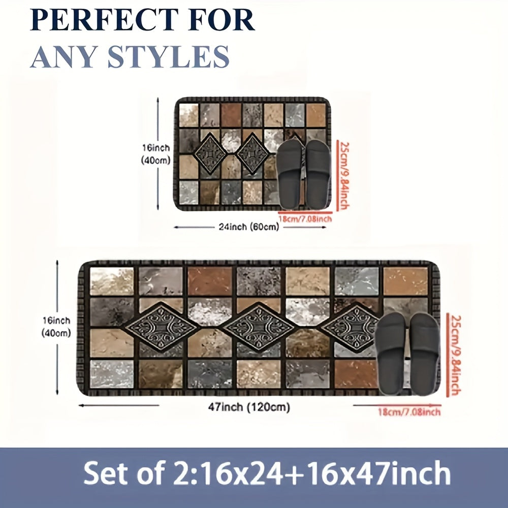 Plaid Kitchen Rug Set, 2-Piece Brown Absorbent Diatomaceous Earth Floor Mats with Non-Slip Backing, Machine Washable Quick-Drying Runner