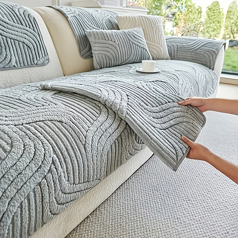 1pc Pet Friendly Sofa Cover, Dog Friendly Non Slip Furniture Protector, Fox Tail Patterned & Solid Color Shu Velveteen Plush Sofa Cushion, All Season Short Plush Sectional Sofa Cover for Living Room Bedroom Office