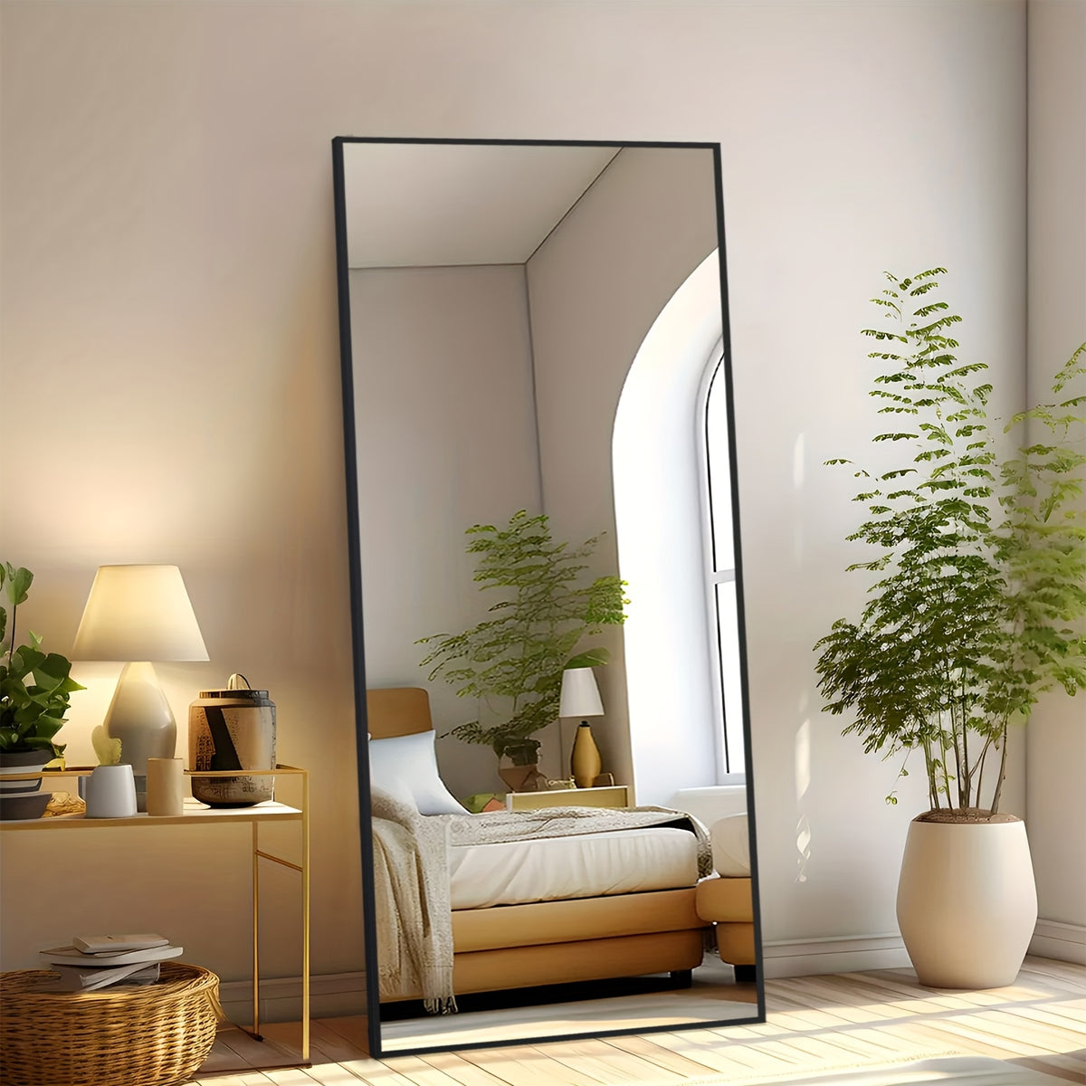 LED Lighted/Not-LED Lighted Full-Length Mirror with Arched/Rect Top - Aluminum Frame Floor-Standing Dressing Mirror for Bedroom & Living Room, Black/Golden/White
