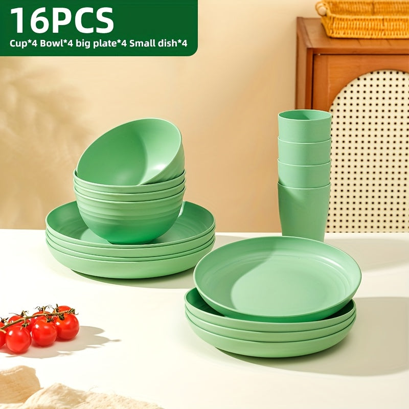Brczuo16/32pcs Securely Fixed Non Fragile Plates, Wheat Straw Tableware Set, Microwave Dishwasher Safe, Durable Tableware, Black Set Includes 16 Plates, 8 Bowls, 8 Cups, Suitable For Family Gatherings, Birthday Parties, Camping