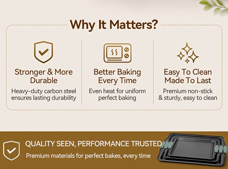 3pcs Nonstick Carbon Steel Oven Baking Pans Set With Detachable Silicone Handles, Premium Non-Stick Steel Bakeware Set, Commercial Grade Restaurant Quality Rimmed Sheets, Easy-Clean Baking Trays For Cookies, Pizza, Cake & Home Kitchen Use