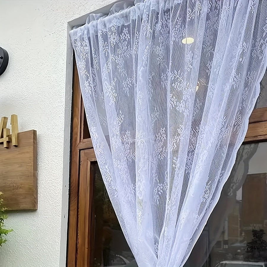 Lace Door Curtain Panel with Floral Pattern and Wave Edge, Single Semi-Sheer Polyester Rod Pocket Drape in White Black or Green for Vintage Home Decor