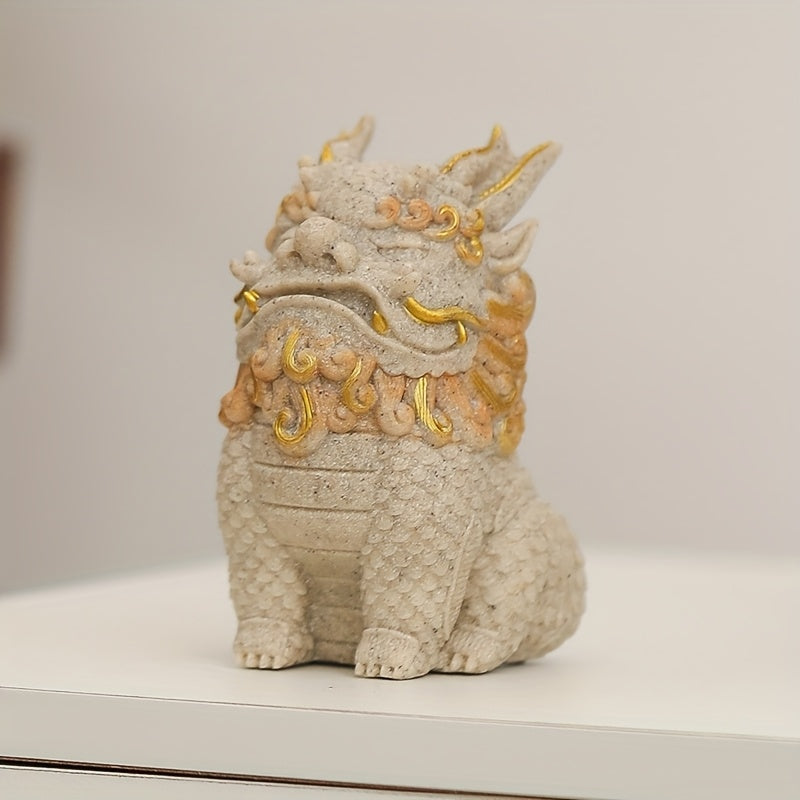 Pixiu Statue with Golden Floral Details, Single Stone Mythical Creature Figurine in Sand, Gray or White for Home Office Tabletop and Cabinet Decor