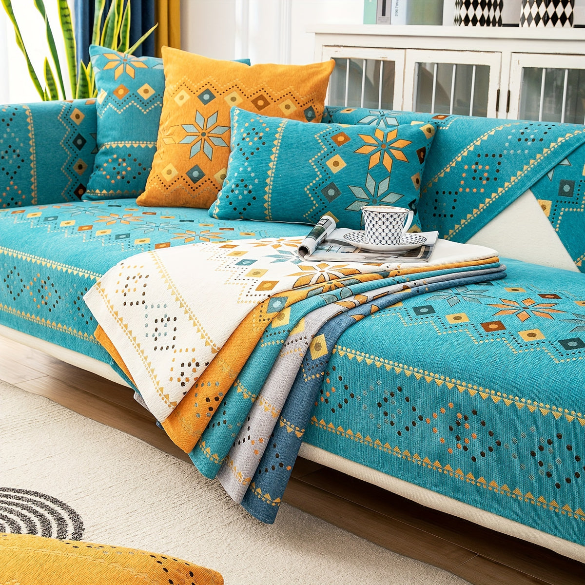 1pc Bohemian Chenille Sofa Cover Suitable for Sofa Sizes (Single to Four-Seater) - Thick Plush Non-Slip Couch Cover with Geometric Embroidery, Chenier Fabric Slipcover Fits for Sectional Sofas, Machine Washable Furniture