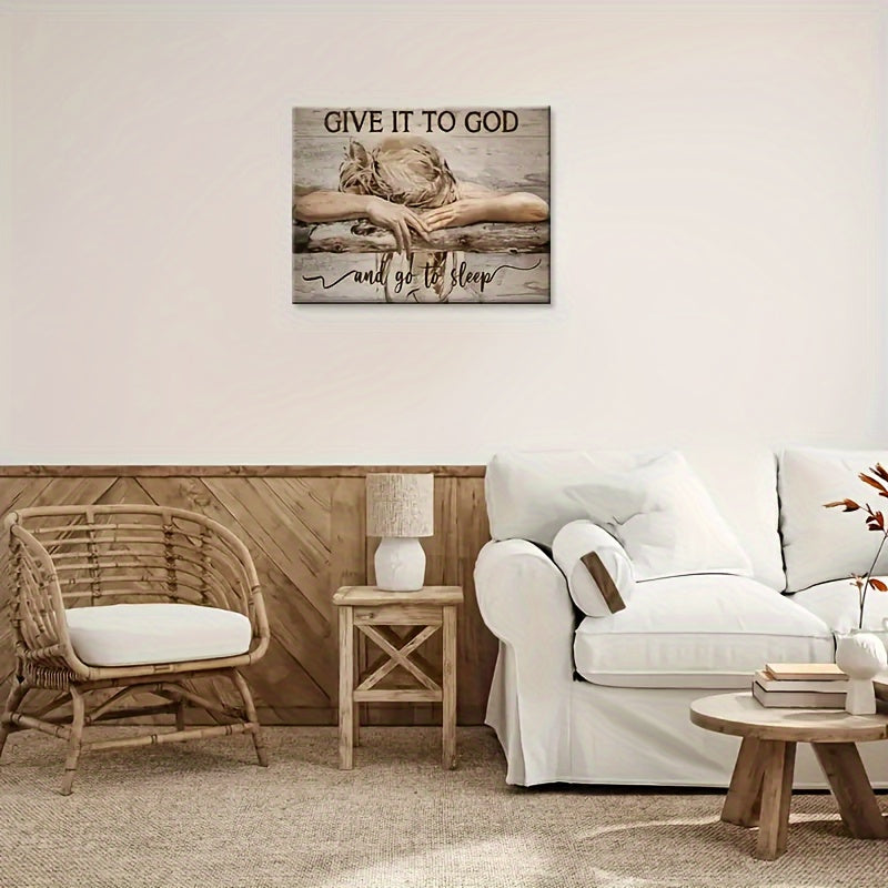 1pc Framed Painting Sleeping Girl Give It To God And Go To Sleep Canvas Posters And Prints Wall Art Pictures With Frame For Living Room & Bedroom, Home Decoration, Festival Gift For Her/Him, Ready To Hang  for Halloween&Christmas