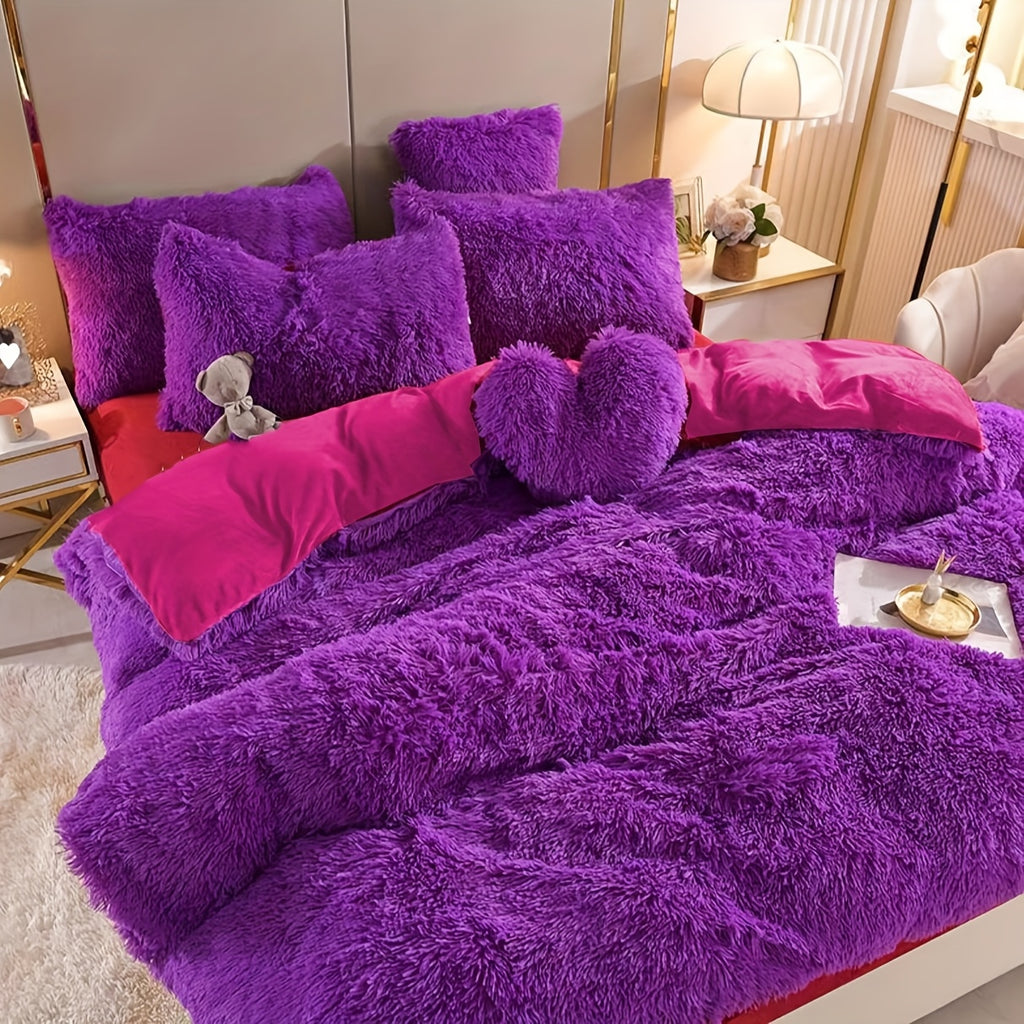 4pcs Fluffy Comforter Cover Set Queen King, Soft Plush Duvet Cover Set with Pillow Shams, All Season Cozy Bedding, No Insert